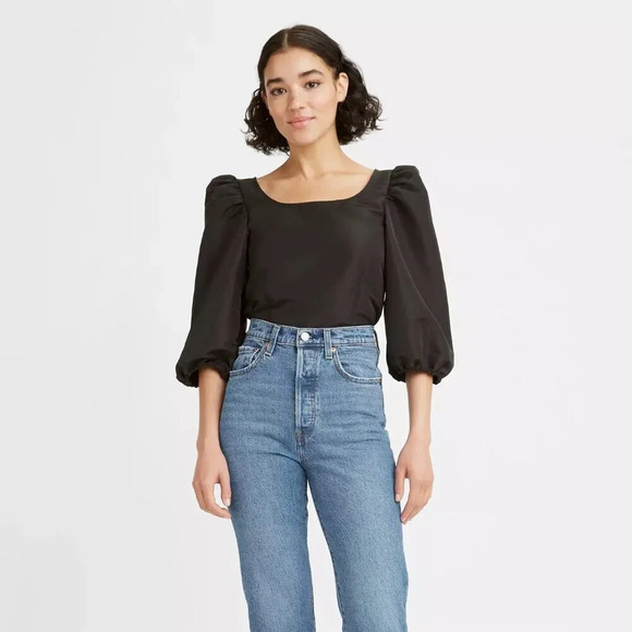 Levi's Kaila Puff Sleeve Blouse Cropped Square Neck Smocked Back Black Size XL - Picture 1 of 11